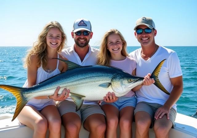 A joyful family posing together with their impressive catch on the deck of the Reef Runner boat.